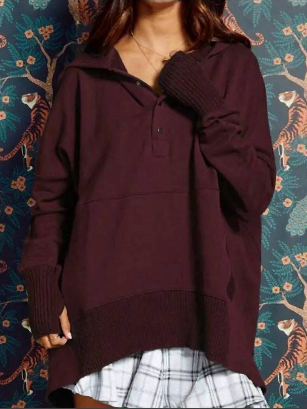 Bucket List Anthropologie Boho Oversized Hoodie Sweatshirt Burgundy Maroon Wine